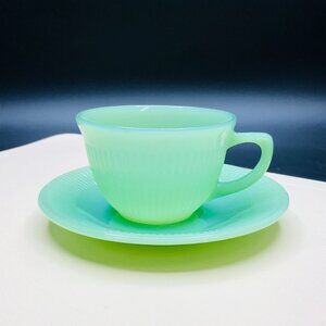 Vintage 50s FIRE KING USA Jadeite Jane Ray Teacup and Saucer Set: MCM Glassware